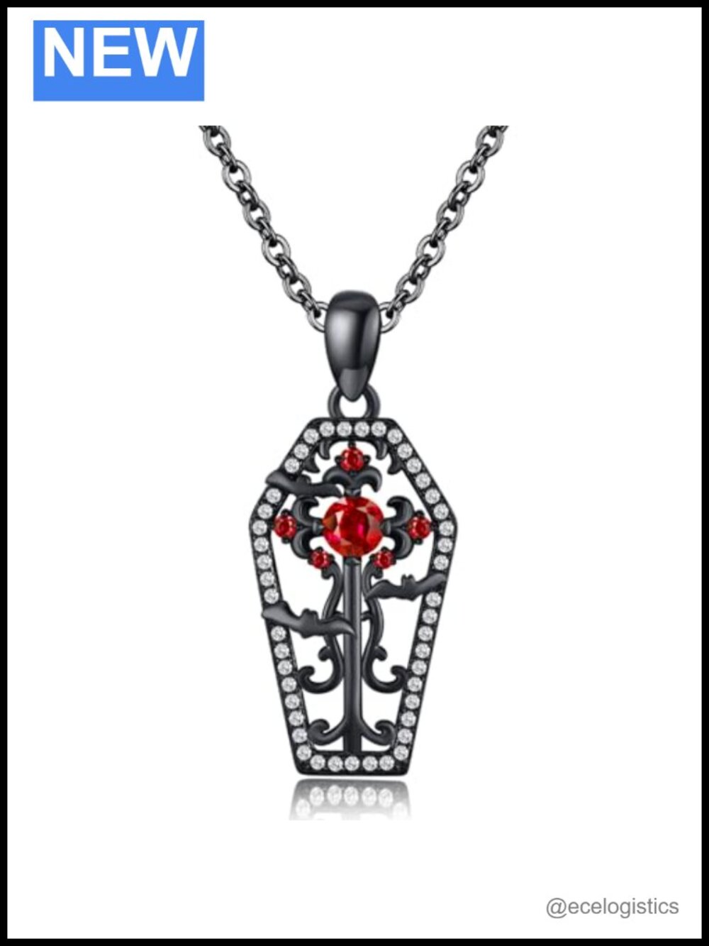 925 Sterling Silver Coffin Necklace Gothic Bat Pendant